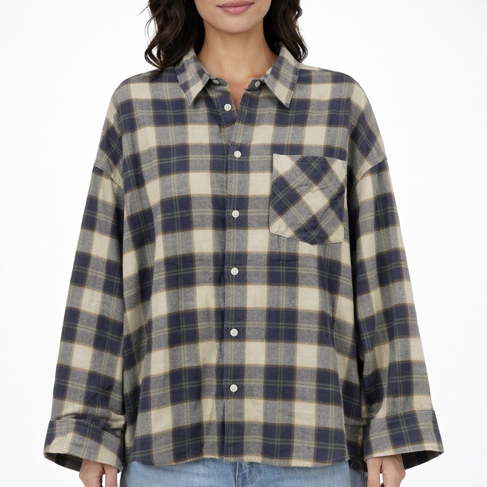 WeWoreWhat Boyfriend Shirt Brushed Flannel Purple Green Multi Plaid Size M/L NWT